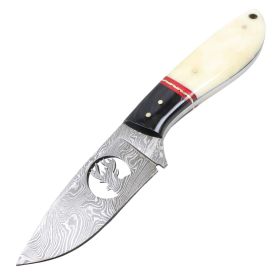 TheBoneEdge 9" Damascus Steel Blade Hunting Knife Horn Handle With Leather Sheath