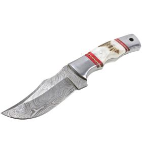 TheBoneEdge 9" Damascus Steel Stag Handle Hunting Knife With Leather Sheath