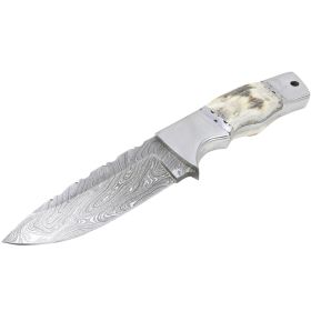 TheBoneEdge 9" Damascus Blade Stag Handle Hunting Knife With Leather Sheath