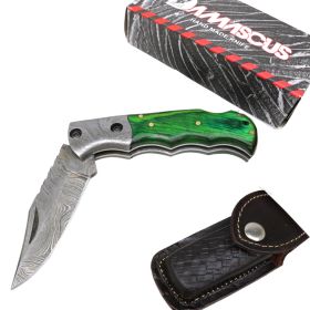 TheBoneEdge 6.5" Damascus Blade Folding Knife Green Handle With Leather Sheath