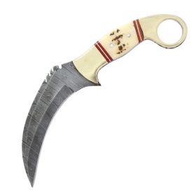 TheBoneEdge 8.5" Damascus Blade Stag Handle Hunting Knife With Leather Sheath