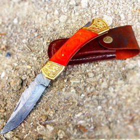 TheBoneEdge 9" Hand Made Damascus Blade Folding Knife Pakkawood Handle Orange