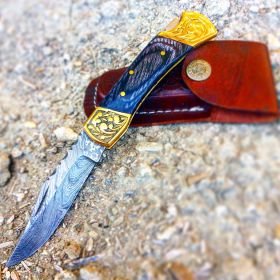 TheBoneEdge 7" Hand Made Damascus Blade Folding Knife Pakkawood Handle Black New
