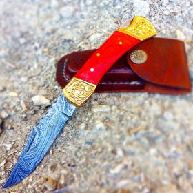 TheBoneEdge 7" Hand Made Damascus Blade Folding Knife Pakkawood Handle Red New