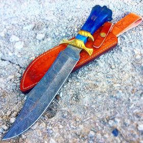 TheBoneEdge 15" Damascus Steel Custom Hand Made Hunting Knife Blue Handle Sheath