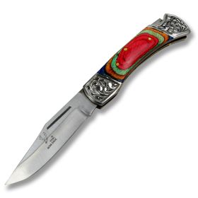 TheBoneEdge 9" Stainless Steel Blade Folding Knife Multi Wood Handle With Leather Pouch