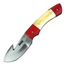 Defender-Xtreme 8" Red Wood Handle Stainless Steel Hook Blade Hunting Knife With Leather Sheath
