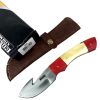 Defender-Xtreme 8" Red Wood Handle Stainless Steel Hook Blade Hunting Knife With Leather Sheath