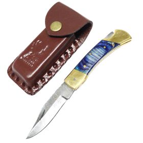 TheBoneEdge 7" Folding Knife Damascus Steel Blue Wood Handle Hand Made New
