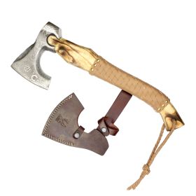 TheBoneEdge 17.5" Steel Etching Blade Hunting Axe Brown Leather Wrapped Handle W / Sheath