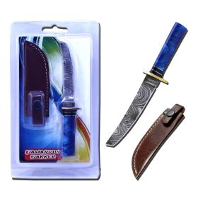 TheBoneEdge 6" Damascus Fixed Blade Blue Resin Handle Hunting Knife With Sheath