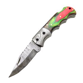 TheBoneEdge 6.5" Multi Wood Handle Damascus Blade Folding Knife With Leather Sheath