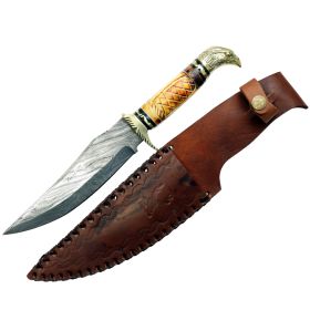 TheBoneEdge 13" Horn Handle Eagle Head Damascus Blade Hunting Knives With Leather Sheath
