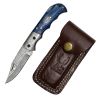 TheBoneEdge 6.5" Blue & Black Wood Handle Damascus Blade Folding Knife With Leather Sheath