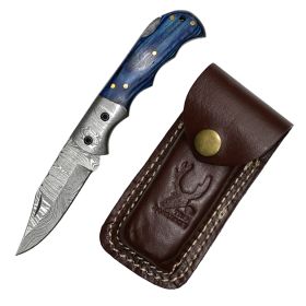 TheBoneEdge 6.5" Blue & Black Wood Handle Damascus Blade Folding Knife With Leather Sheath