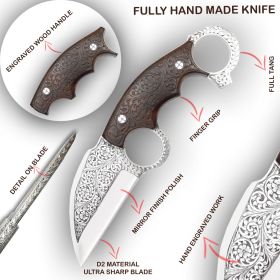 TheBoneEdge 9.5" D2 Steel Fully Hand Engraved Wood Handle Hunting knife With Sheath