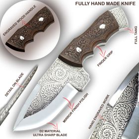 TheBoneEdge 9.5" Full Tang Custom Hand Made D2 Steel Engraved Blade & Handle Hunting knife With Sheath