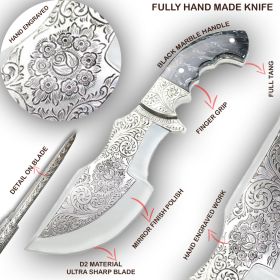 TheBoneEdge 11" Custom Hand Made Engraved Blade Black Resin Handle Tracker Hunting knife With Sheath