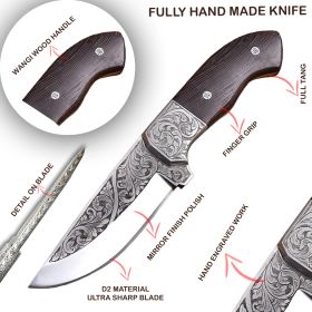 TheBoneEdge 10" Hand Made Wanging Wood Handle Engraved Blade Tracker Hunting knife With Sheath