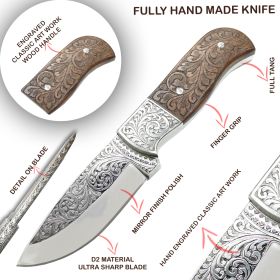 TheBoneEdge 9" Rose Wood Handle Engraved Blade Hand Made Tracker Hunting knife With Sheath