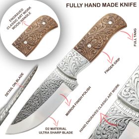 TheBoneEdge 9" Engraved Blade Rose Wood Handle Tracker Hunting knife
