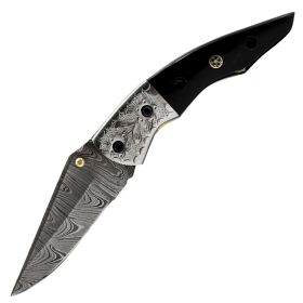TheBoneEdge 7.5" Hand Made Damascus Blade Folding Knife Black Resin Handle With Silver Bolster