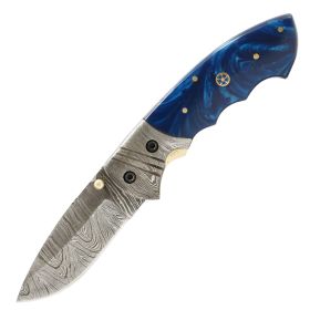 TheBoneEdge 7.5" Blue Resin Handle Damascus Blade Hand Made Folding Knife With Damascus Bolster
