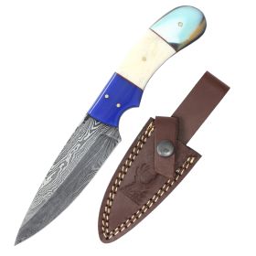 TheBoneEdge 8" Dark Blue & Multi Resin Handle Damascus Blade Hunting Knife With Sheath