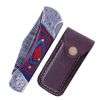 TheBoneEdge 7" Damascus Blade Folding Knife Blue & Red Wood Handle Steel Bolster With Pouch
