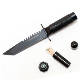 8" Outdoor Camping Stainless steel Knife Hunting Fire Starter Kit Compass Sheath - Black Tanto