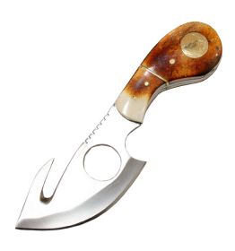 7" Full Tang Stainless Steel Sharp Skinner Knife with Real Leather Sheath Gut Hook Blade - Brown