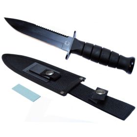 10.5" Hunting Knife With Nylon Button Sheath & Blade Sharpener All Black