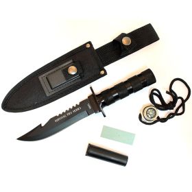 10.5" Fixed Blade Hunting Survival Knife Camping Fire Starter Kit Compass Black Gut Hook