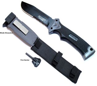 Survival I Black 11" Knife With Blade Sharpener, Fire Starter & Sheath