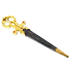 Defender 10.5" Renaissance Scissors Dagger Gold Color Handle with Sheath
