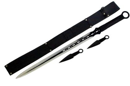 27'' Ninja Sword Machetes Full Tang 2 Tone Blade With 2 Throwing Knives 7" Black