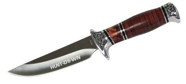 10" Hunt-Down Fixed Blade Knife with engraved Handle and Leather Sheath