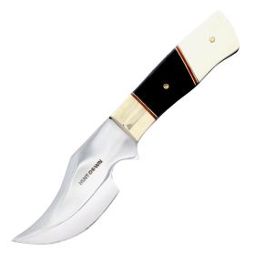 7" Huntdown Full Tang Skinner Knife with Black/White Handle and Leather Sheath