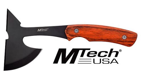 MC MTECH 9" TOMAHAWK W/SHEATH 3" BLACK BLADE PAKKAWOOD HNDL!