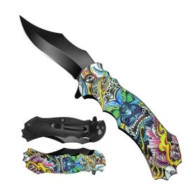 7.75" Blue Demon Handle Black Blade Spring Assisted Folding Knife With Belt Clip
