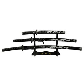 39.5" Dragon Print Design Carbon Steel Blade Black Samurai Sword 3Pcs Set With Stand