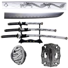 39.5" White Dragon Print Design Corbon Steel Blades Samurai Sword 3Pcs Set With Stand