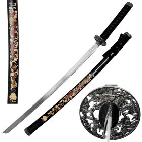 39.5" Dragon Print Design Carbon Steel Blade Black Samurai  Sword With Stand