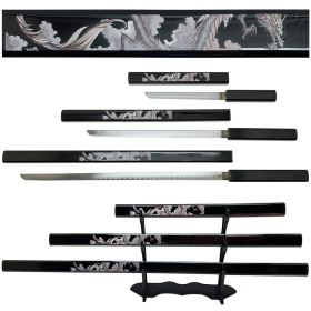 39.5" Dragon Print Design Carbon Steel Blade 3Pcs Black Samurai Katana Sword With Stand