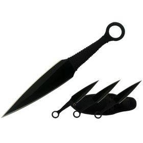 6.75" All Black Ninja Kunai Throwing Knives 3 Pc Set With Nylon Sheath