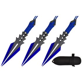 7.5" Split Blade Throwing Knife W/ Blue Cord Wrapped Handle 3pc Set