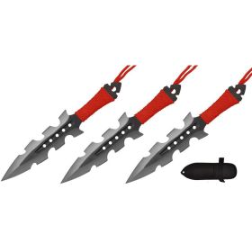 7.5" Black Blade Throwing Knife W/ Red Cord Wrapped Handle 3pc Set