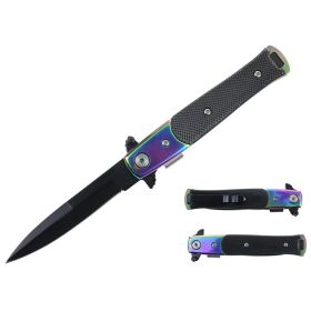 7.25" Stiletto Style Black Blade Rainbow Bolster Spring Assisted Folding Knife With Black G10 Inlay Handle