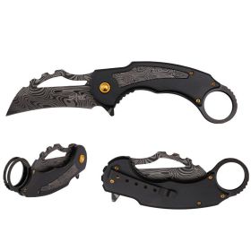 8.5" Black Aluminum Handle Damascus Pattern Blade Karambit Spring Assisted Folding Knife