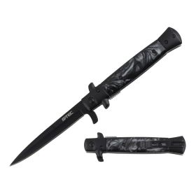 9" Stiletto Style Black Blade Spring Assisted Folding Knife With Grey Black Inlay Handle